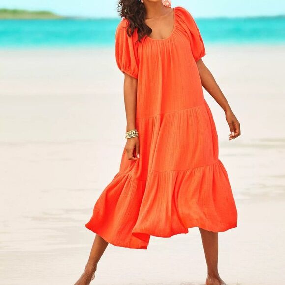 Lilly Pulitzer Zemini Women's Boho  Cotton Mandarin Orange Tiered Maxi Dress XXS - Picture 1 of 9